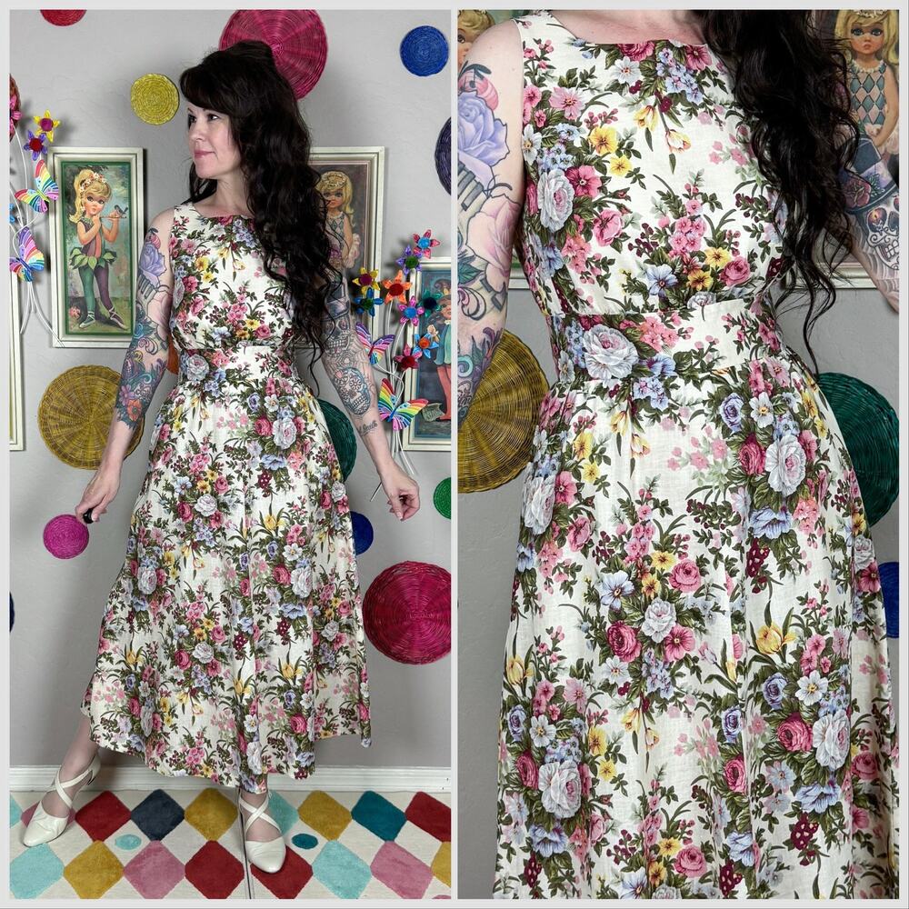 Vintage 1980s Cream Floral Print Sleeveless Cotton Midi Day Dress